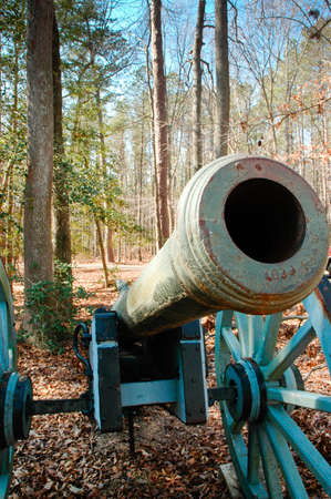 A old cannon in the forest with blue wheelsの写真素材