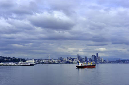Seattle Cityscape with a red container shipの写真素材