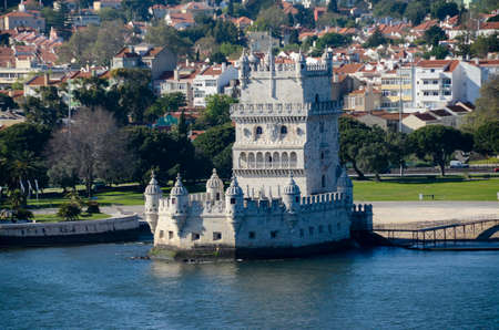 View of Tower of Belem from the Tagus river in Lisbon Portugalのeditorial素材