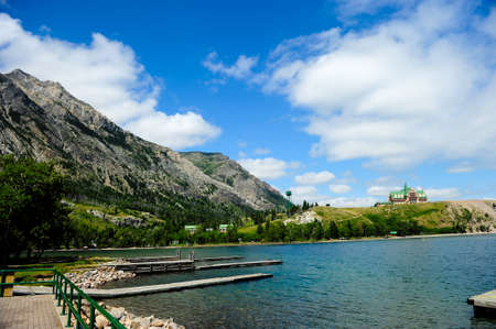 Prince of Wales Hotel overlooking Waterton Lake in Canadaのeditorial素材