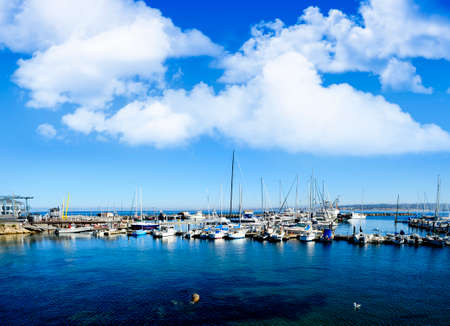 Harbor at Monterey Bay at the wharf on Cannery Row, Monterey, Californiaの写真素材