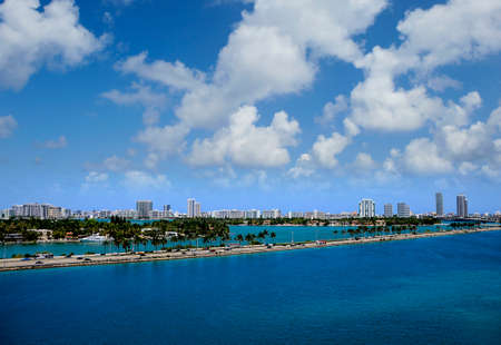 Cruising out of the port of Miami with skyline in backgroundの写真素材