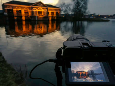 Camera set up on tripodの写真素材