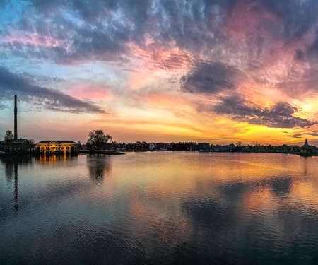 Beautiful sunset with reflections on lakeの写真素材