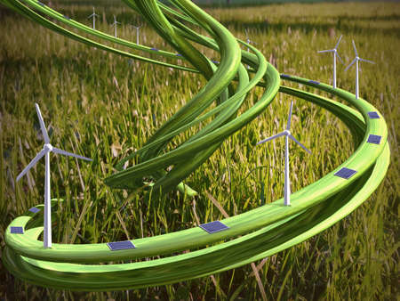 Solar power and wind power sustainable energy generating plant. Environment conceptの写真素材