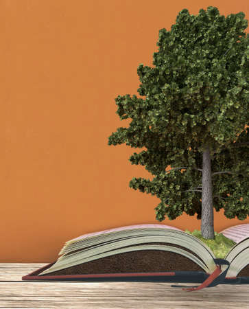 education concept with tree growing from soil on open book of environmental knowledge on wooden deskの写真素材