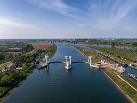 Aerial view on water sluice complex in the Lek river in the Netherlandsの写真素材