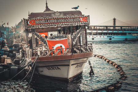 Istanbul Turkey May 29 2013. Making of some local food on the boats.のeditorial素材