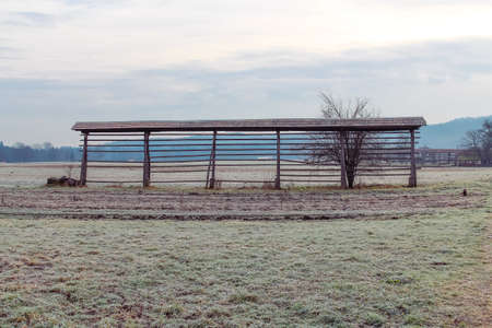 Hayrack on a meadow covered with hoarfrost.の写真素材