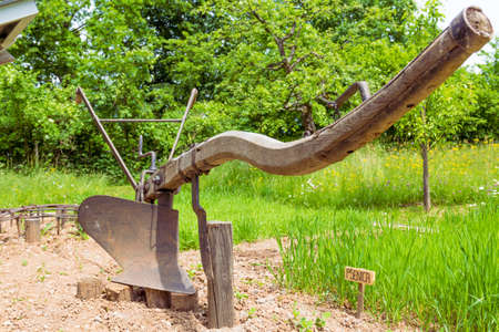 Massive old manual plow near sown wheat.の写真素材