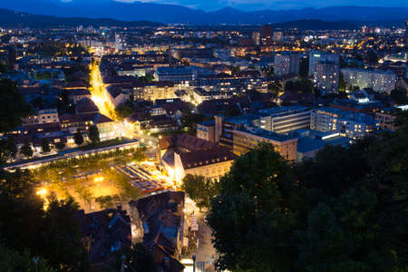 Ljubljana, Slovenia - June 22, 2015. Twilight view of the city from the hill.のeditorial素材