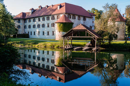 Otocec, Slovenia - September 12, 2015. Grad Otocec, castle in the middle of the river Krka.のeditorial素材