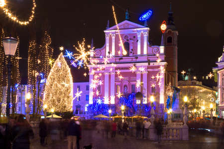 Ljubljana, Slovenia - November 27, 2015. Christmas tree and christmas lights on the central city Preseren square.のeditorial素材