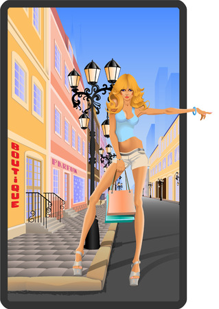 The beautiful girl after shopping - Hitchhiking. Vector Illustration. EPS10のイラスト素材