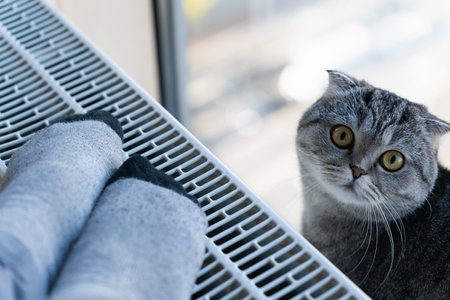 A person warms his feet in the warm socks of the house on the heating radiator. The cat sits next to...