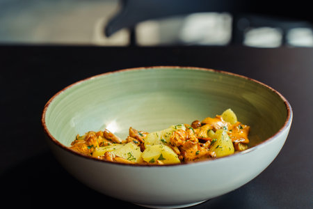 Fresh summer lunch made with vegetarian local produce. Wild chanterelle mushrooms with boiled potatoes and herbs in a bowl on the table.の写真素材