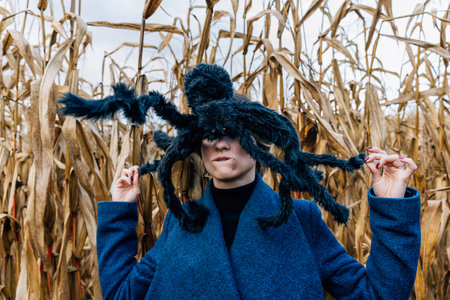 Huge black toy spider on a woman's head in a cornfield during a Halloween party in a cornfield.の写真素材