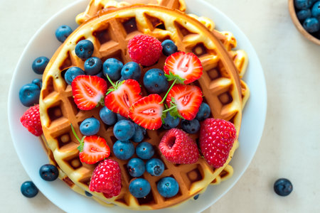 Berry Belgian Waffle with raspberries, strawberries and blueberries. Culinary, cooking, bakery, homemade concept. Food recipe background. Close up.の素材