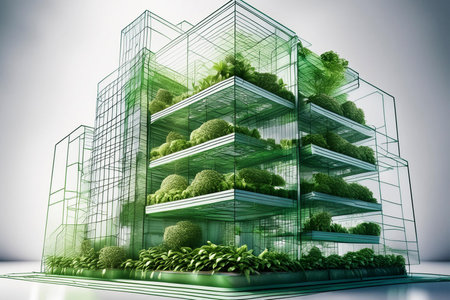 Architectural Concept Sketch of Modern Building with a lot of green plants. Abstract sketch of a modern multi-level structure suggesting pre-construction design phase.の素材
