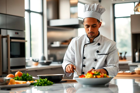 Professional chef preparing vibrant dish in modern kitchen with fresh ingredientsの素材