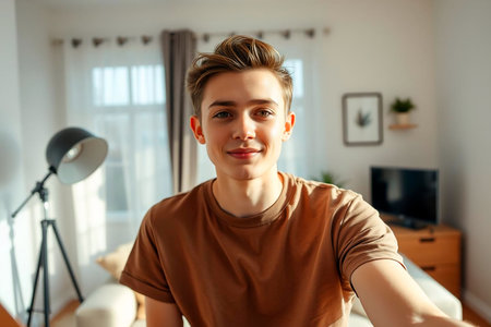 Young man taking selfie-style portrait in cozy home interiorの素材