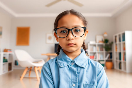 Serious young girl with braids and glasses in cozy home interiorの素材