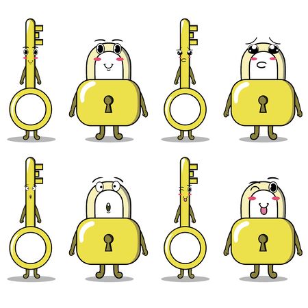 cute key and padlock mascot on isolated white background for collection of funny stickers.のイラスト素材
