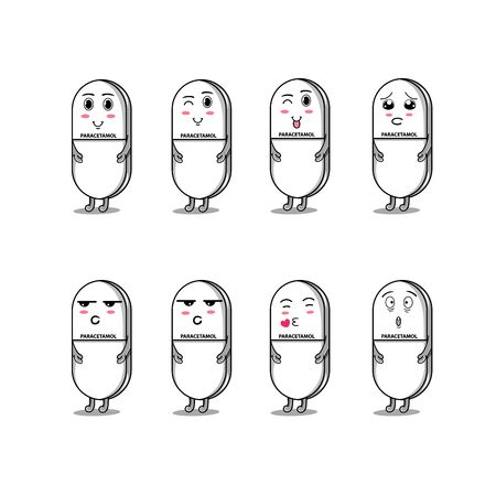 cute medical pills paracetamol mascot on isolated white background for collection of funny stickers.のイラスト素材