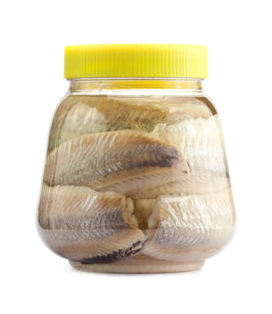 Pickled herring on a white backgroundの写真素材
