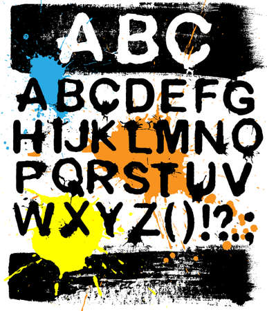 grunge alphabet with splashes and brush strokesのイラスト素材
