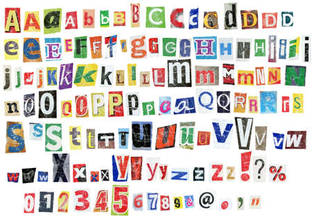 Grunge newspaper alphabet with letters, numbers and symbols. Isolated on white