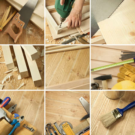 Carpentry tools, wood planks collageの写真素材
