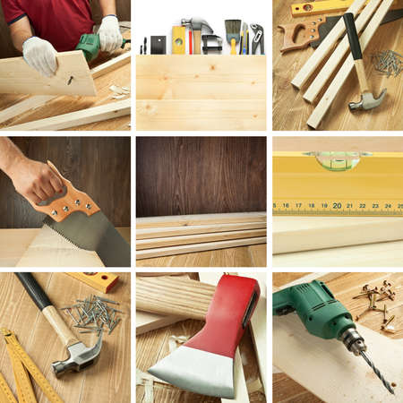 Carpentry tools, woodwork objects collageの写真素材