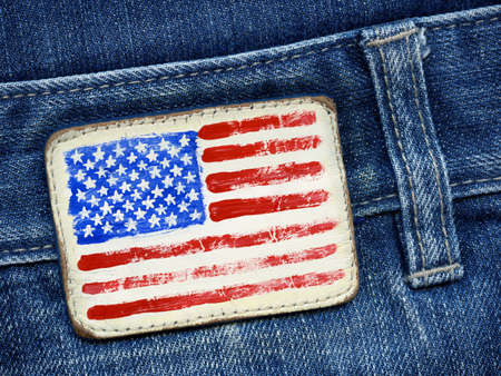 USA flag added on a blue jeans labelの写真素材