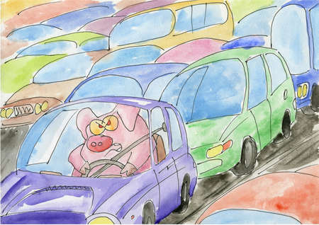 Pig stuck in a traffic jam. Painted on paper.の写真素材