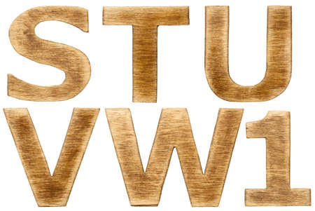 Wooden alphabet letters and number one.