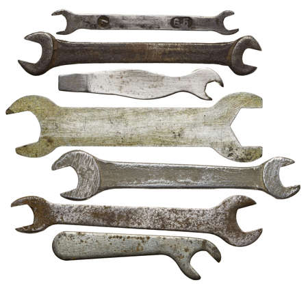 Old rusty wrenches, spanners set isolated on white.