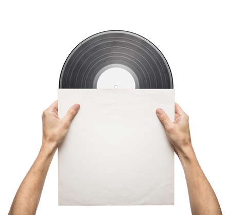 Hands holding vinyl record in a paper caseの写真素材