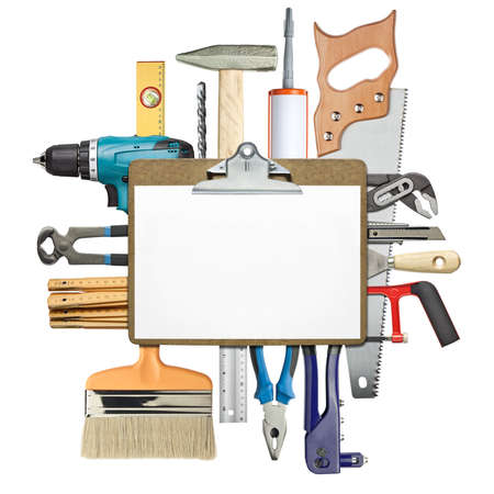 Carpentry, construction collage. Tools under clipboard.