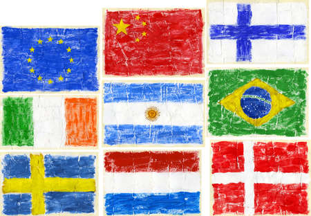 Hand painted acrylic flags.  Including flags of EU, China, Finland, Ireland, Argentina, Brazil, Sweden, Netherlands, Denmark.の写真素材