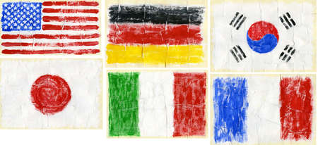 Hand painted acrylic flags.  Including flags of USA, Germany, S.Korea, Japan, Italy, France.の写真素材