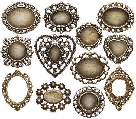 Vintage metal medallion frames, isolated.