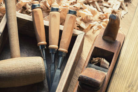 Woodworking and carpentry tools in workshop.の写真素材