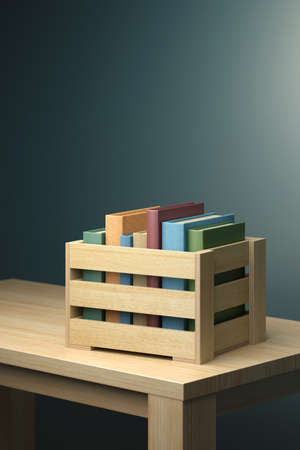 Books in wooden box on the table. Photorealistic 3d render.の写真素材