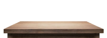 Wooden table top on white background.