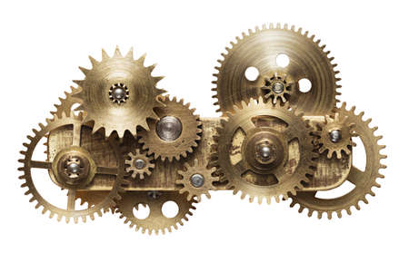 Metal collage of clockwork gears isolated on white background