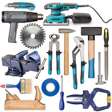 Set of various isolated hand tools for manual work.