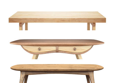 Wooden table tops isolated on white backgroundの写真素材