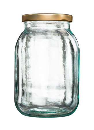 Closed empty glass jar with metal lid isolated on whiteの写真素材