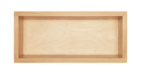 Empty yellowish wooden box. Made of pine, isolated on white background.の写真素材